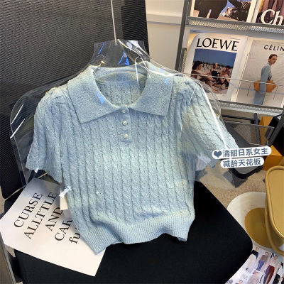 小香风短袖针织衫女2024夏法式蓝色Polo领正肩T恤短款泡
