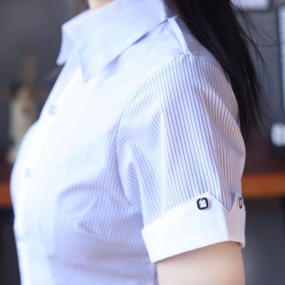 新款女衬衫短袖马蹄袖职业装收腰V领蓝色条纹白领长袖工装免烫
