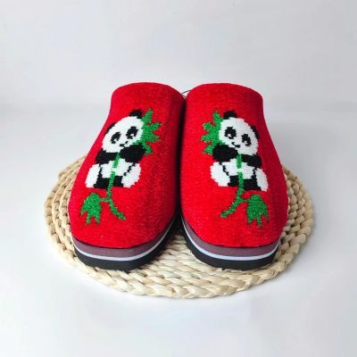 新款网红编织熊猫吃竹子金丝绒毛线纯手工编织居家婚嫁成品棉拖鞋