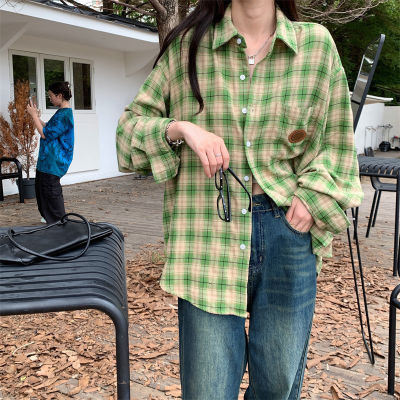 复古格子衬衫秋季女装2023新款设计感小众韩版宽松中长款长袖