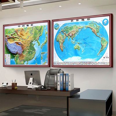 3d凹凸立体世界地图挂画2024中国地形图带框装裱办公室背景