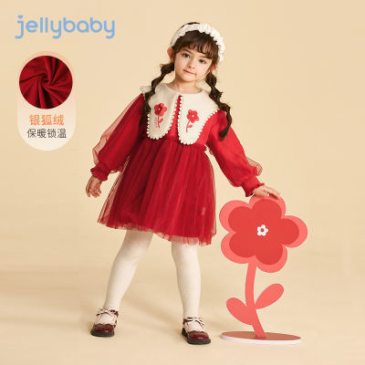杰里贝比女童连衣裙秋冬儿童冬季公主裙女孩红色礼服加绒裙子宝宝