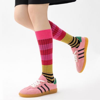 春夏撞色条纹小腿袜2024新款多巴胺显瘦透气纯棉男女袜子堆堆