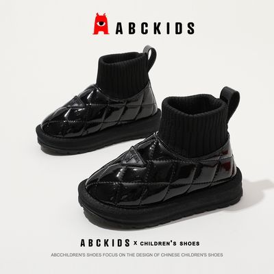 Abckids儿童雪地靴保暖棉鞋加绒爆款一脚蹬冬季防滑厚底皮面亲子