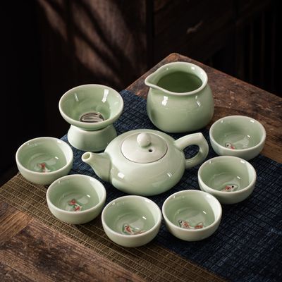 青瓷茶具套装盖碗龙泉壶鱼杯茶洗茶具套装红色彩鲤鱼青瓷茶具套装