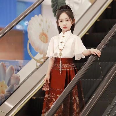 中秋女童夏装2023新款马面裙中国风套装儿童古风汉服新中式上衣秋