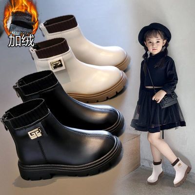 女童加绒靴子2023冬季新品韩版软底二棉马丁靴小女孩皮面中筒
