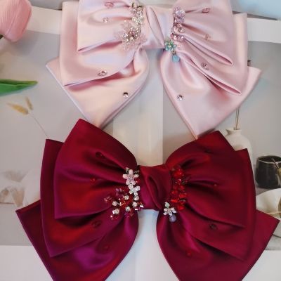 新款泛思韩版粉红色水钻水晶重工大版蝴蝶结弹簧夹顶夹盘发夹发饰