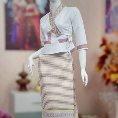 西双版纳傣族休闲女士套装花边白色紫条纹金线织锦筒裙舞台服套装
