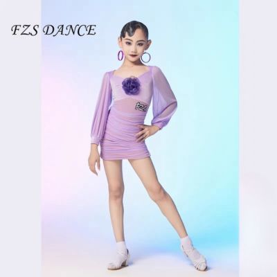 FZS DANCE 2023十月新品 L217 纯色花朵丝绒纱拼接香芋紫温柔拉丁【3天内发货】