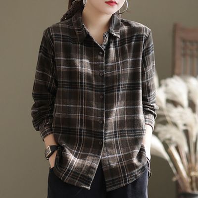 磨毛衬衫女款秋季2025新款女装日系韩版休闲格子复古小众衬衣外套