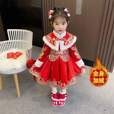 儿童汉服女冬款过年连衣裙套装女孩唐装中国风宝宝拜年服古装加厚