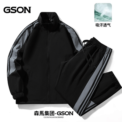 森马集团GSON新款长袖休闲百搭透气两件套运动开衫印花拼色套装男