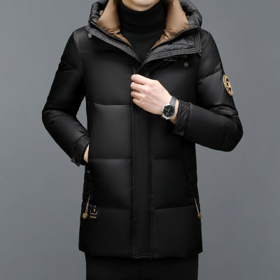 杭州精品2023新款白鸭绒羽绒服男中长款黑色时尚百搭加厚超保暖