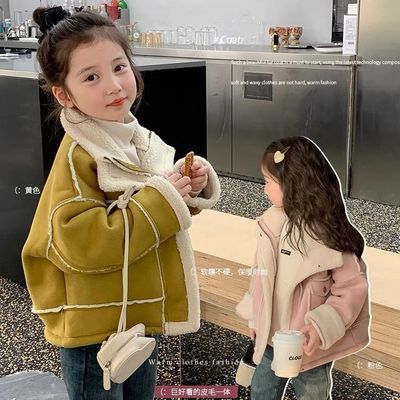 女童外套冬装新款2023皮毛一体绒加厚韩版儿童机车服冬季宝宝外套