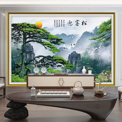 新中式3D立体自粘山水风景画墙纸电视沙发背景墙客厅装饰壁画