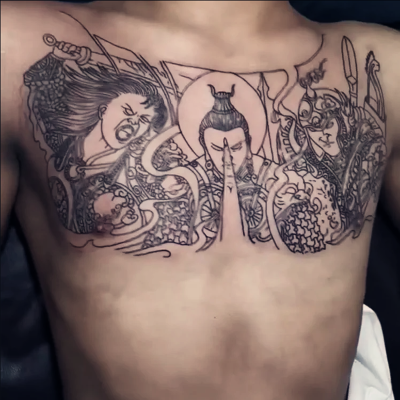 花胸二郎神杨戬胸前防水纹身贴男女持久逼真割线条刺青色白起赵云