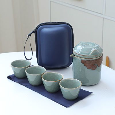 哥窑猫耳防烫快客杯旅行茶具套装户外一壶四杯便携收纳包陶瓷茶杯