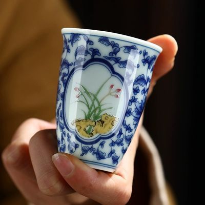 景德镇陶瓷粉彩主人杯青花空谷幽兰闻香杯茶杯(带礼盒)中国风手工