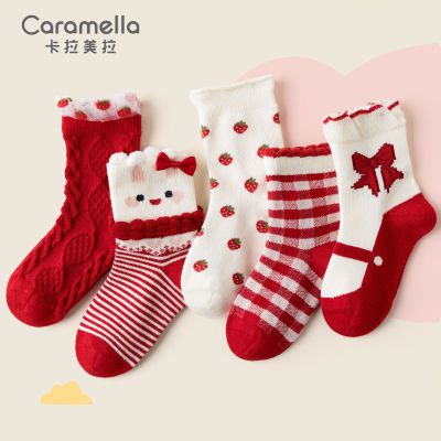 caramella儿童袜子新年红袜秋冬款宝宝婴儿保暖棉袜卡通可爱长袜