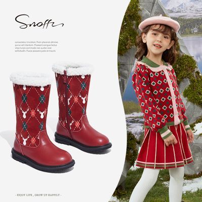 Snoffy斯纳菲新年款女童皮靴冬季儿童靴子加绒加厚保暖棉鞋雪地靴