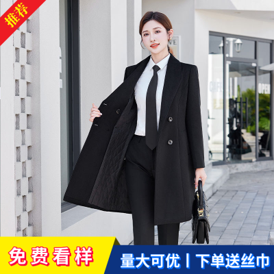 秋冬双排扣女士毛呢工作服物业售楼部4S店修身加厚中长款工作服