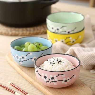 梅花日式家用陶瓷米饭碗耐高温手绘工艺6个装卡通家庭网红可爱碗