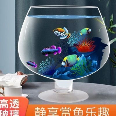加厚鱼缸圆形玻璃酒杯式鱼缸大容量家用客厅桌面摆件乌龟缸高脚杯