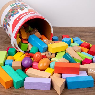 一百颗木质儿童桶拼装益智积木大颗粒大号宝宝礼物城堡积木桶桶装