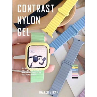 新款磁吸硅胶拼色保护iwatchS9表带se适用苹果s876手表高级男女款