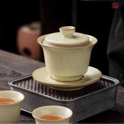 汝窑三才盖碗单个茶杯茶具大号手抓茶碗过滤泡茶碗陶瓷茶具不烫手