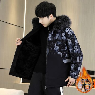 冬季外套男中长款加绒加厚连帽夹克潮流韩版青少年学生风衣上衣男