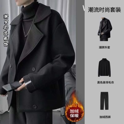 【三件套】秋冬呢子大衣英伦风短款毛呢外套韩版潮流帅气一套衣服