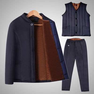 冬季棉衣三件套男中老年人加绒加厚驼绒棉服套装保暖马甲爸爸棉袄