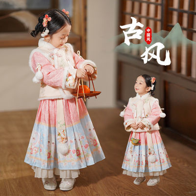 女童中国风原创加绒汉服连衣裙套装女宝宝冬装拜年服儿童过年衣服