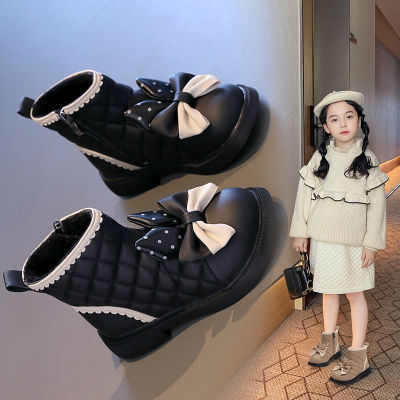 女童短靴2023冬季时尚蝴蝶结加绒马丁靴女孩洋气公主保暖皮靴新款