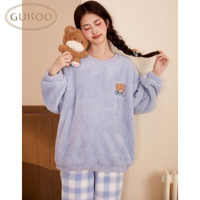 GUKOO/果壳圆领套头冬季加绒睡衣套装女多色家居服可外穿简约保暖