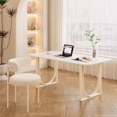 法式奶油风岩板书桌椅家用台式电脑桌办公桌网红客厅白色茶桌餐桌