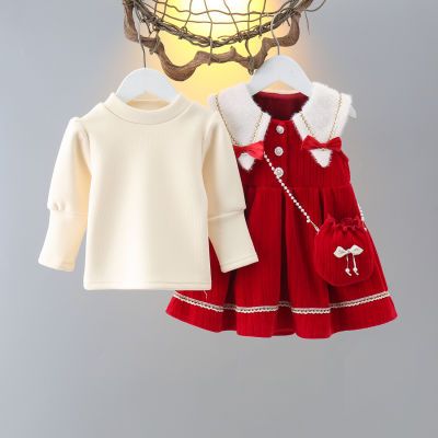 女童连衣裙冬装2023新款加绒洋气儿童公主套装宝宝两件套礼服裙子
