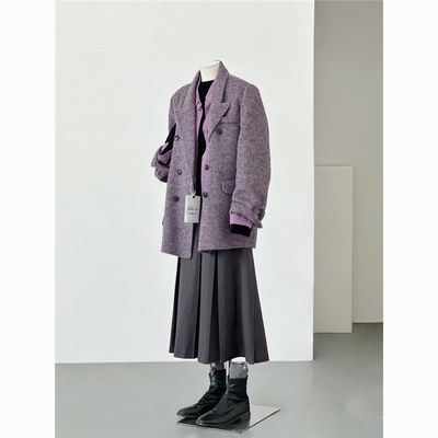 秋冬紫色2023毛呢外套高级气质小个子新款短款西装双面羊毛大衣女
