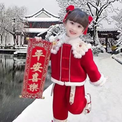 女童冬季新年套装加绒加厚儿童新款唐装拜年中国过年宝宝周岁礼服