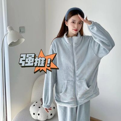 新款法兰绒女款睡衣冬季加厚高档休闲拉链款可的宽松家居服居家服