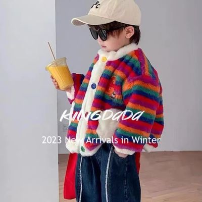 男童冬装套装2023新款韩版条纹毛毛外套加厚儿童棉服牛仔裤两件套