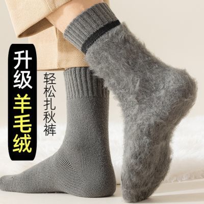 袜子男士羊毛袜秋冬款纯棉毛圈中筒袜加绒加厚冬季保暖羊绒长筒袜