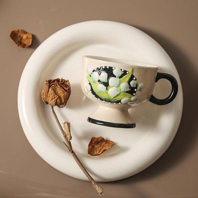 芬兰出口手绘高脚铃兰花陶瓷杯高颜值咖啡杯小众轻奢下午茶杯水杯