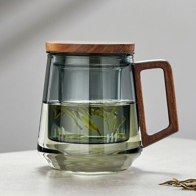 茶杯茶水分离泡茶杯办公室杯子加厚玻璃茶杯高颜值网红水杯木盖