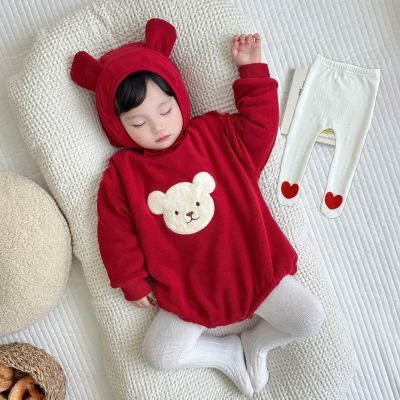 ins冬装韩版婴儿可爱卡通熊双面绒连体哈衣男女宝宝保暖爬服送帽