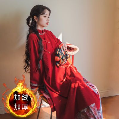 【阿兰若】秋冬新款改良版加绒加厚红色旗袍裙新中式半身裙两件套