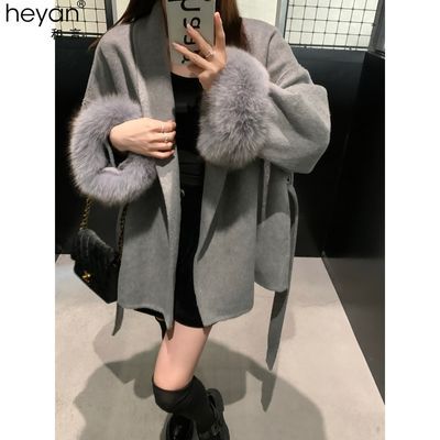 慵懒风小众设计双面大衣外套女狐狸毛秋冬大衣系带宽松显瘦