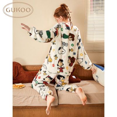 GUKOO/果壳冬季加绒史努比圆领舒适卡通套装满印女士家居可外穿